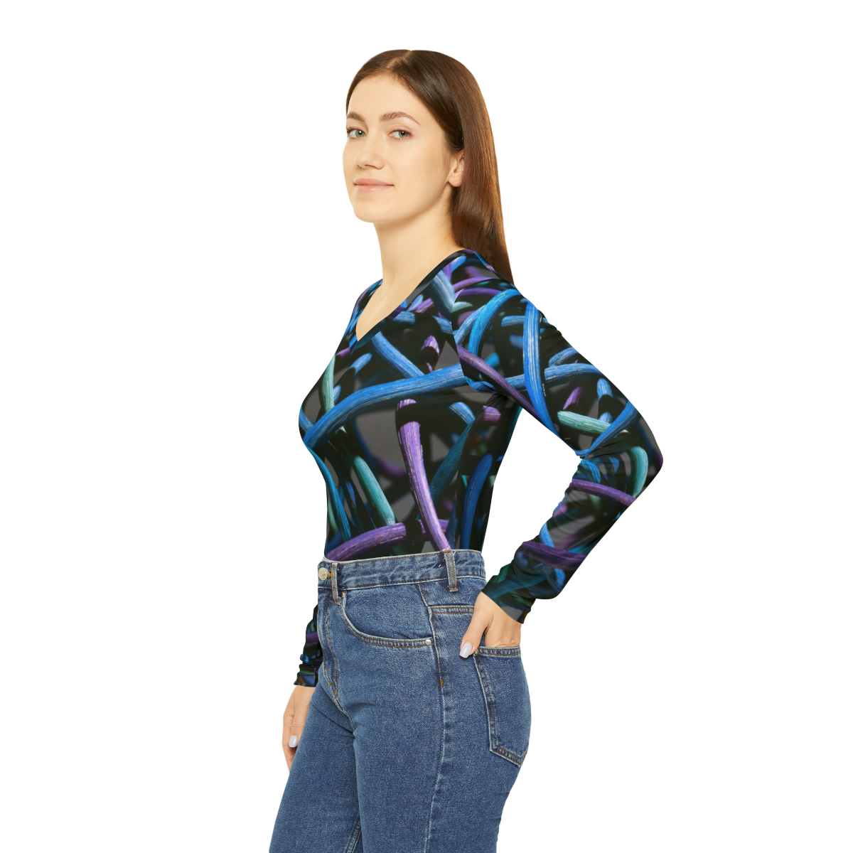 Greg and Carla Filippelli Cranberry Creek Baskets Purple/Blue Women's Long Sleeve V-neck Shirt - Image 5